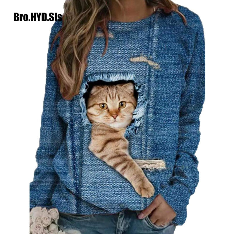 Funny Cute Cat 3D Print Casual Pullovers Women Clothes Spring Autumn Sweatshirts Long Sleeve T-Shirts Lady Clothing Fashion Tops