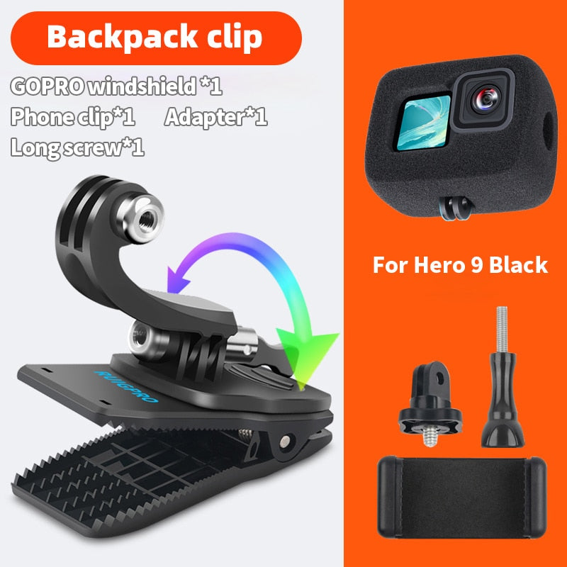 for Go Pro Accessories 360-Degree Rotation backpack bag Clip clamp For GoPro Hero11 10 9 8 7 6 5Xiaomi yi for SJCAM SJ4000 Phone