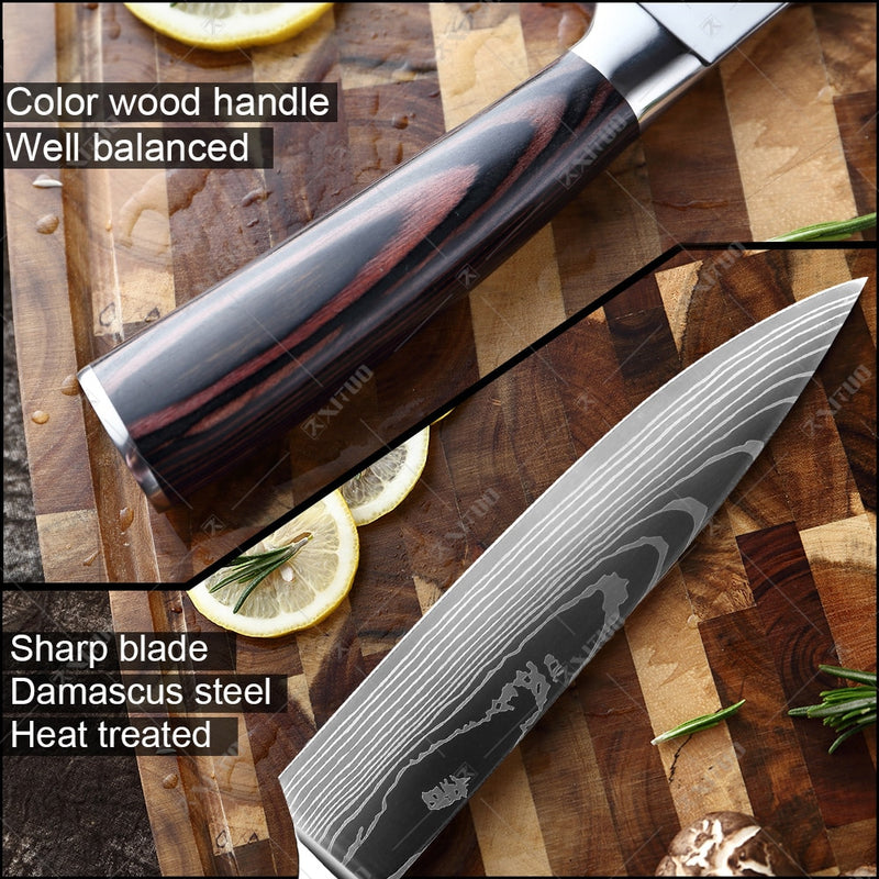XITUO Kitchen Knife Japanese Knife Cooking Set 3&quot; 5&quot; 7&quot; 8&quot; inch+Laser Damascus Pattern Paring Fruit Vege Chef Knife Kitchen Tool