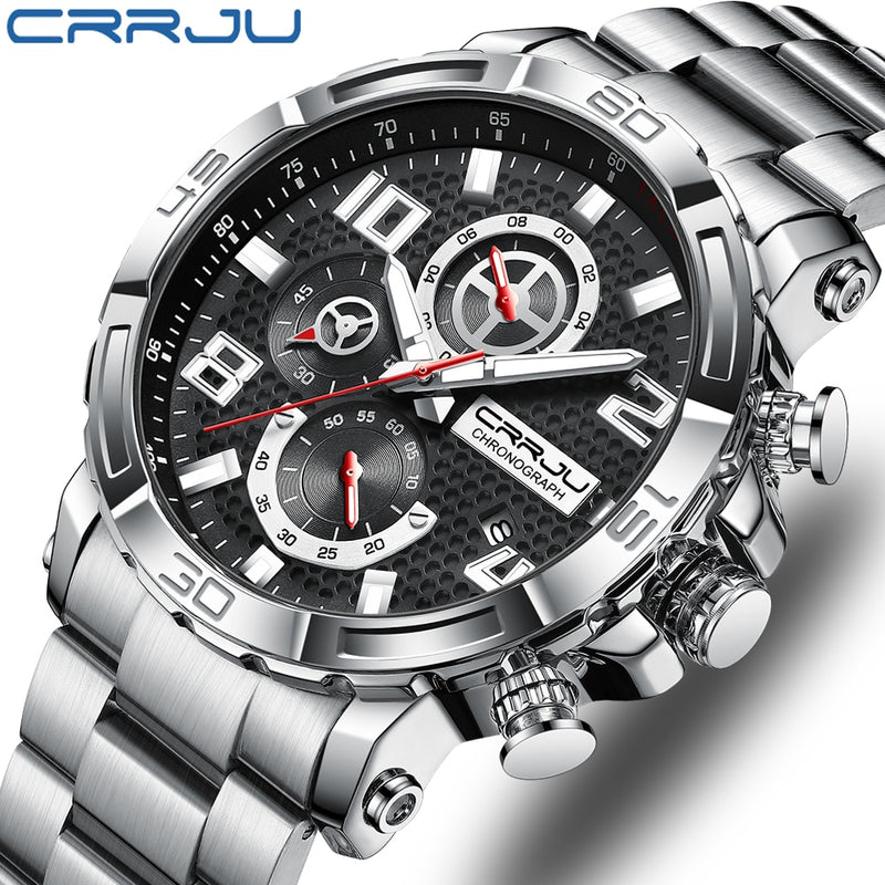 Relojes CRRJU para hombre, esfera grande, resistente al agua, de acero inoxidable, con manecillas luminosas, cronógrafo deportivo, reloj Masculino