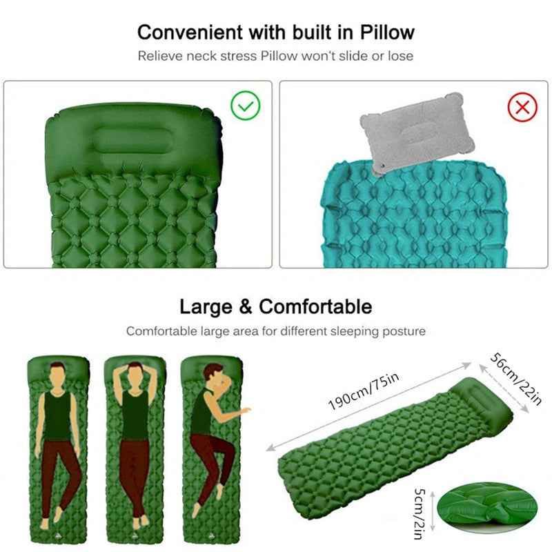 Ultraleichte Isomatte Schnell füllende Airbag-Campingmatte Aufblasbare Zeltmatratze mit Kissen Lebensrettungskissen Pad X160D