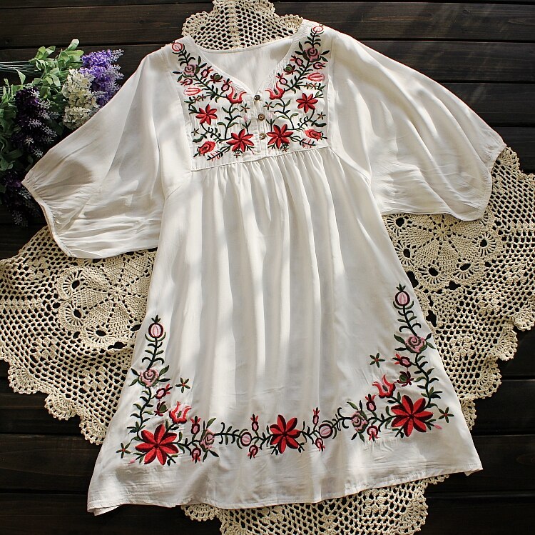 Sommer Frauen mexikanische bestickte Blumen Bauernbluse Vintage ethnische Tunika Boho Hippie Kleidung Tops Blusa Feminina