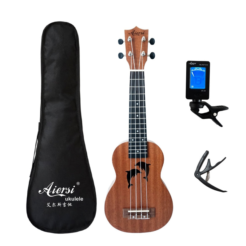 Paquete completo Aiersi ukelele de caoba de abeto soprano de 21 pulgadas con diseño de piña de delfín guitarra ukelele con sintonizador de bolsa Capo