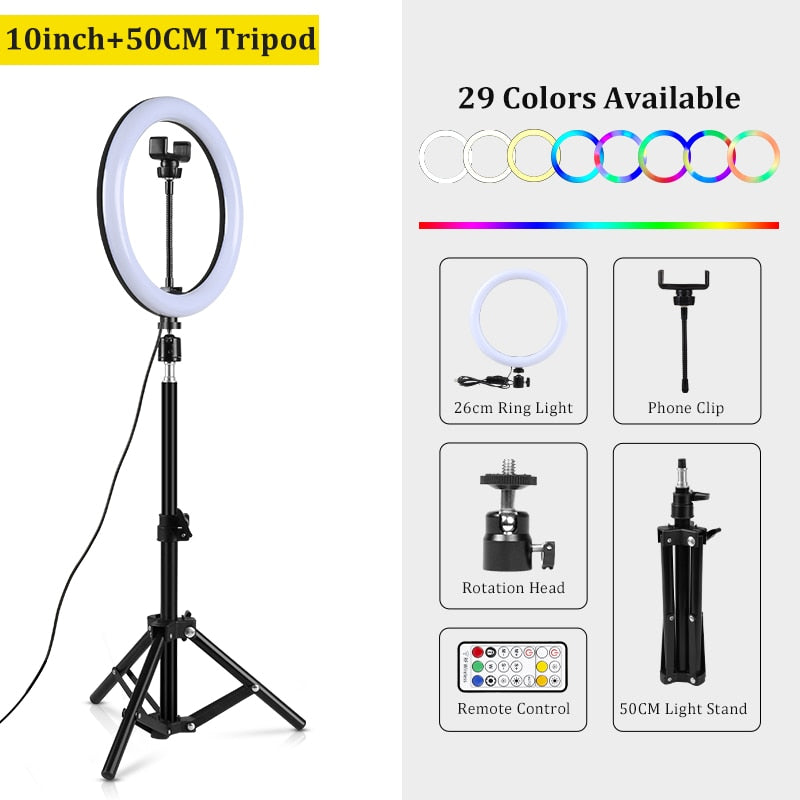 RGB Led Ring Light With Stand colorful Lighting 29 Colorlight,3 Normal Modes Dimmable Selfie 10inch Ring Light For Youtube Video