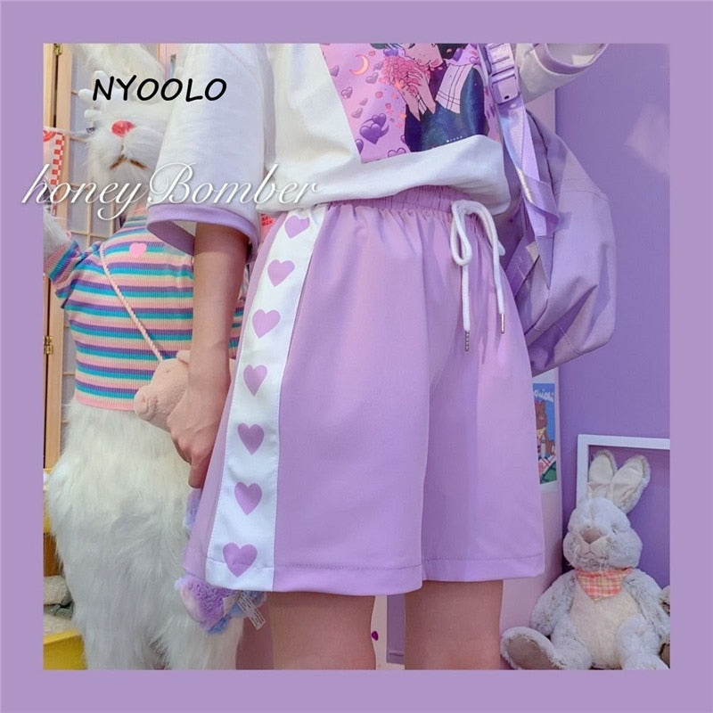 NYOOLO Harajuku estilo amor corazón estampado patchwork cintura alta pantalones cortos mujeres 2020 verano cintura elástica cordón dulce niñas pantalones cortos