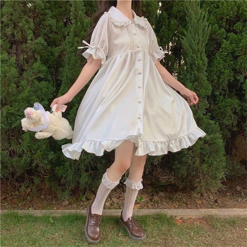 Dulce chica japonesa Lolita Drees Kawaii Peter Pan Collar Cute Ruffle Puff Sleeve Drees Color sólido Elegante Retro Lady Drees