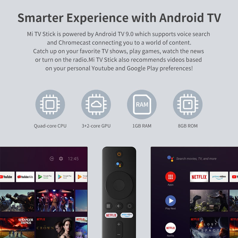 Versión global Xiaomi Mi TV Stick Android TV 9.0 Quad-core 1080P Dolby DTS HD Audio Decodificación 1GB 8GB Asistente de Google Netflix