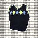 Sweetown Argyle Plaid Knitted Tank Top Female Streetwear Preppy Style New Clothes Stripe VNeck Cropped Knitwear 90s Sweater Vest