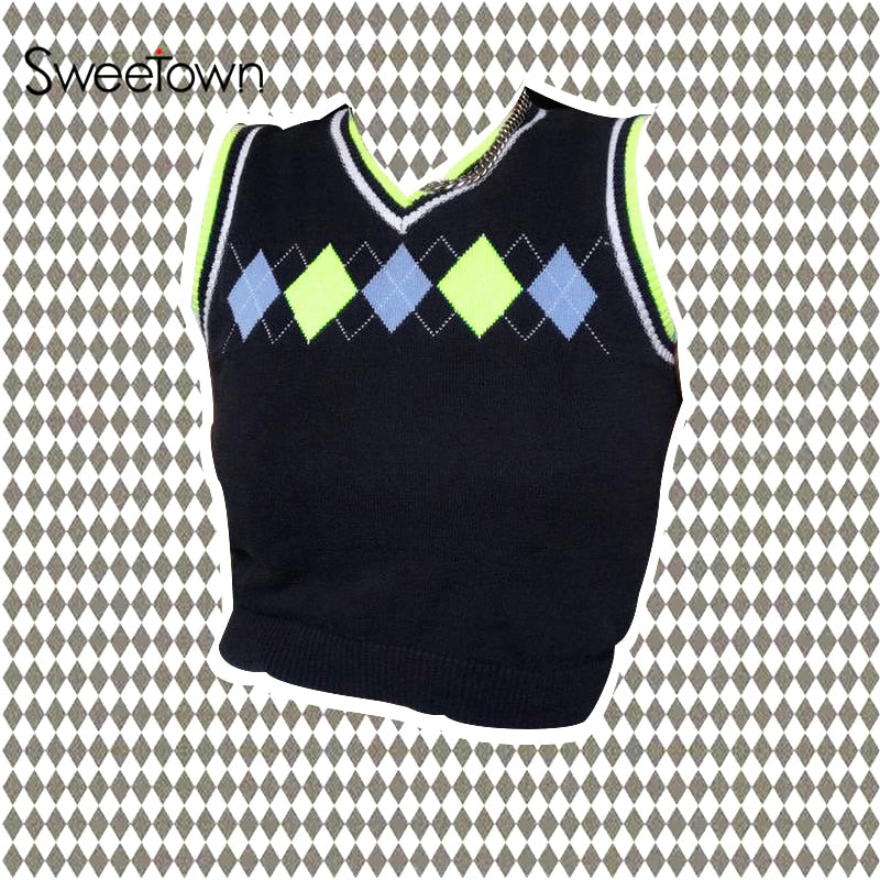 Camiseta sin mangas de punto a cuadros Sweetown Argyle, ropa de calle para mujer, ropa nueva de estilo pijo, prendas de punto recortadas con cuello de pico a rayas, chaleco tipo suéter de los años 90