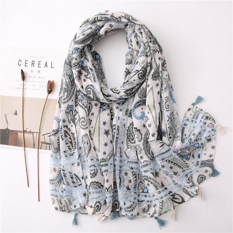 2020 fashion spring summer geometry printing cotton scarf with tassel fashion wraps shawls sunscreen beach hijabs wholesale