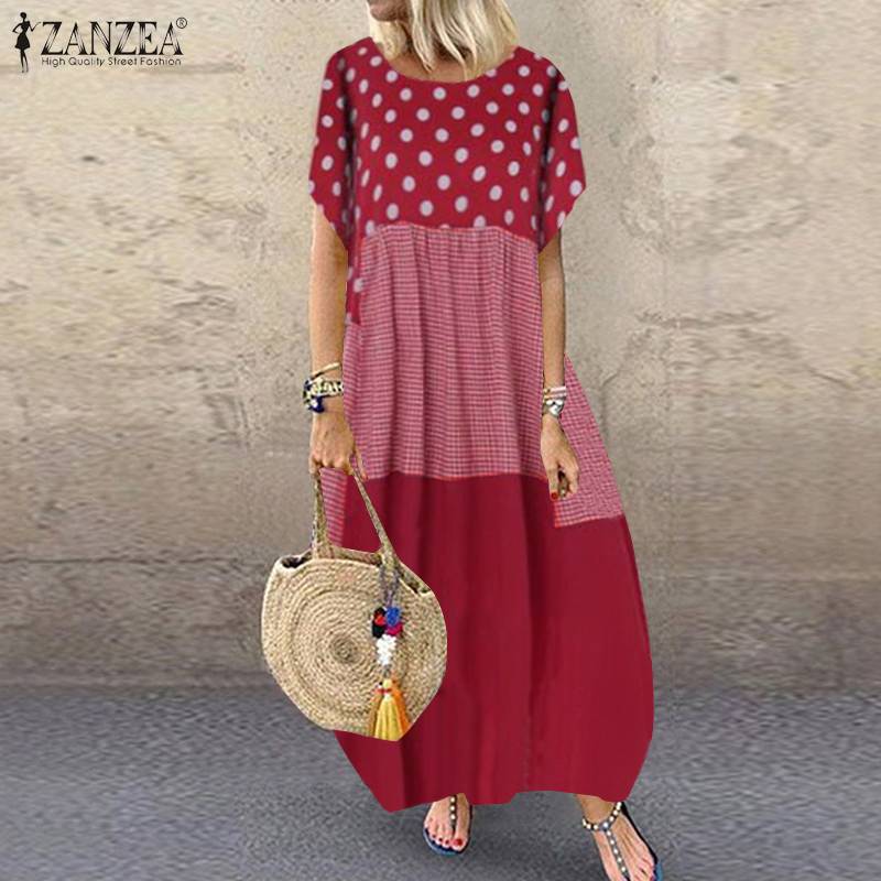 ZANZEA, Vestido largo bohemio con estampado de lunares, Vestido veraniego para mujer 2022, Vestido informal de manga corta a cuadros, Vestido de fiesta