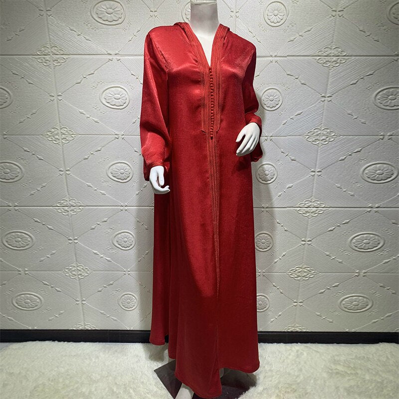 Chilaba árabe musulmán vestido largo sudaderas con capucha Dubai Abaya mujeres trenza adornos marroquí Kaftan Arabia Saudita Jalabiya Ramadán bata champán