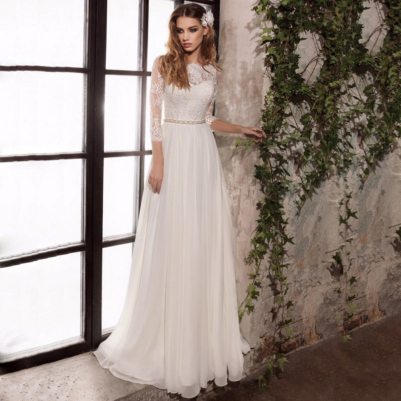 2022 Brautkleider Dreiviertel Ärmel Top Lace Chiffon Brautkleider mit Perlenschärpen Vestido De Noiva