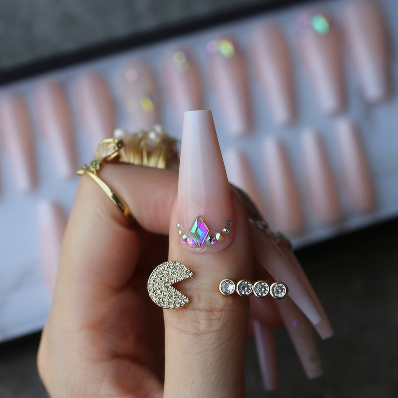 Luxury coffin Ombre fake nails Cute baby nude Noble crystal design Press the nail Acrylic Box nails Custom logo