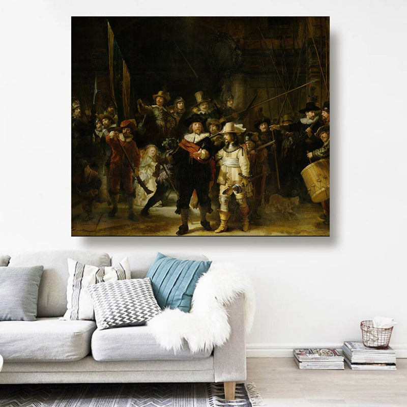 El reloj de noche de Rembrandt, lienzo, pintura al óleo, obra de arte famosa, póster, imagen, decoración de pared moderna, decoración para el hogar y la sala de estar