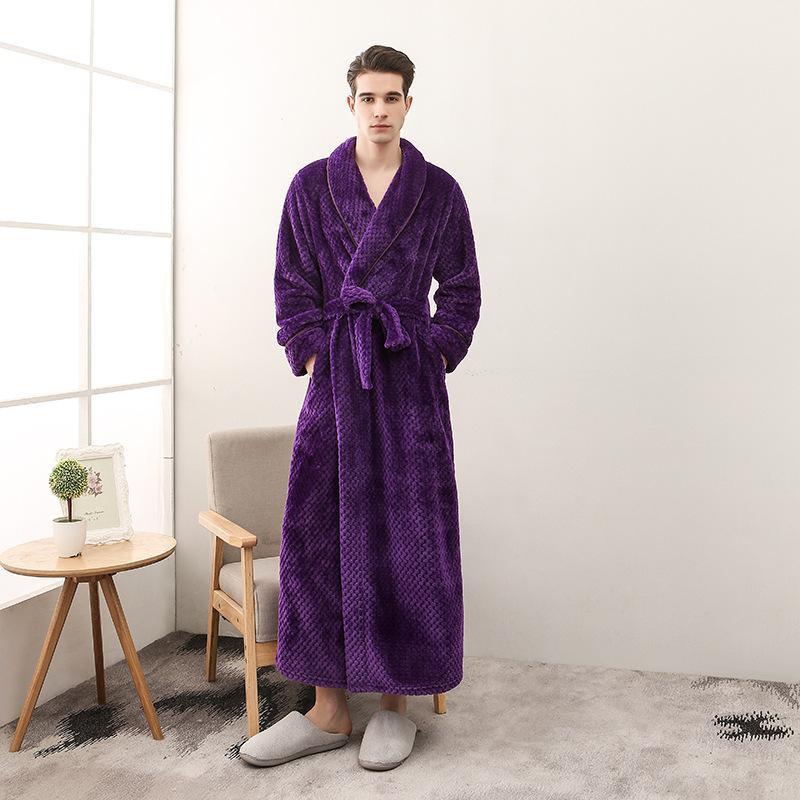 Men Plus Size 3XL Flannel Kimono Bath Gown Ultra Long Large Robe Coral Fleece Nightgown Lovers Couple Thick Warm Sleepwear MR001