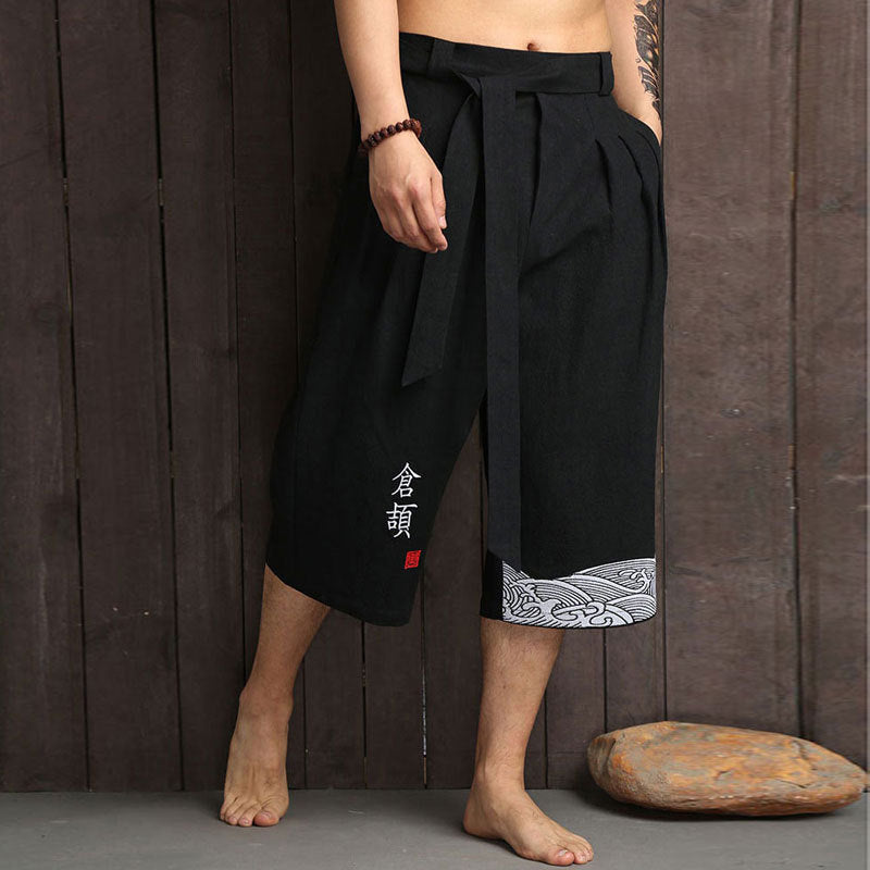 Kimono japonés, pantalones tradicionales para hombre, ropa asiática, pantalón de baño, informal, holgado, estilo japonés, Yukata, pantalones recortados de lino