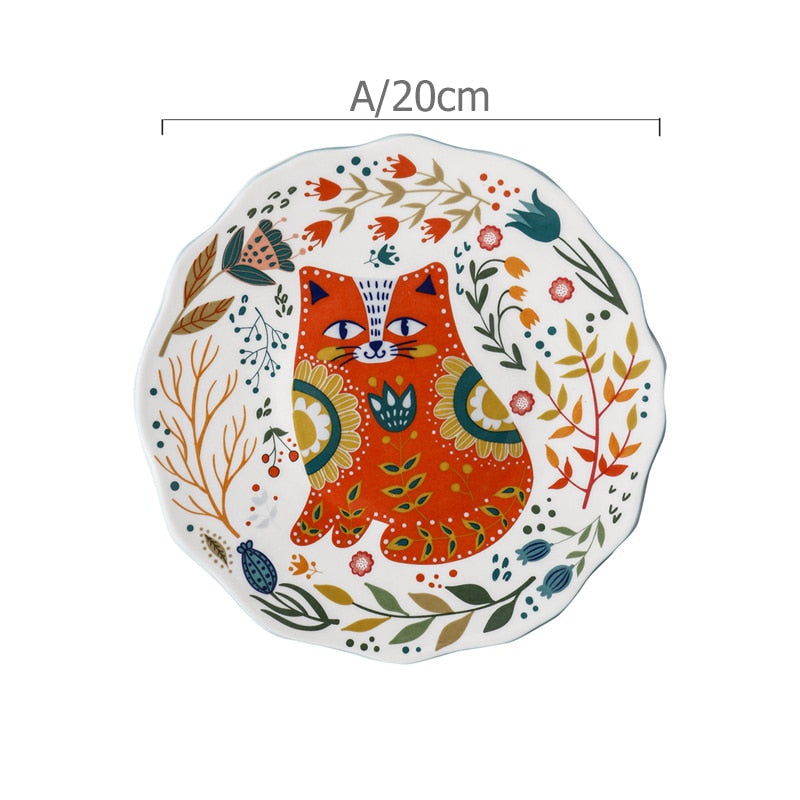 8 inch Colorful Cat Dinner Plate Under-glazed Ceramic Dinner Dishes Dessert Tray Flower Kitten Dinnerware Microwave Safe