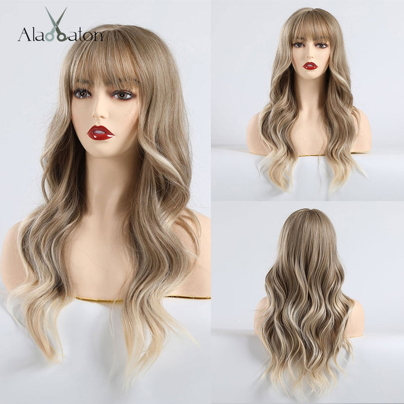 ALAN EATON Long Ombre Black Brown Blonde Wigs with Bangs Heat Resistant Synthetic Wave Wigs for Women African American Cosplay