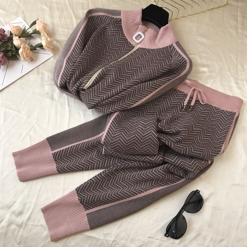 High Quality New Winter Woman Tracksuit Geometric stripeTurtleneck Zipper Knitted Cardigans + Pants Women Two piece Sets