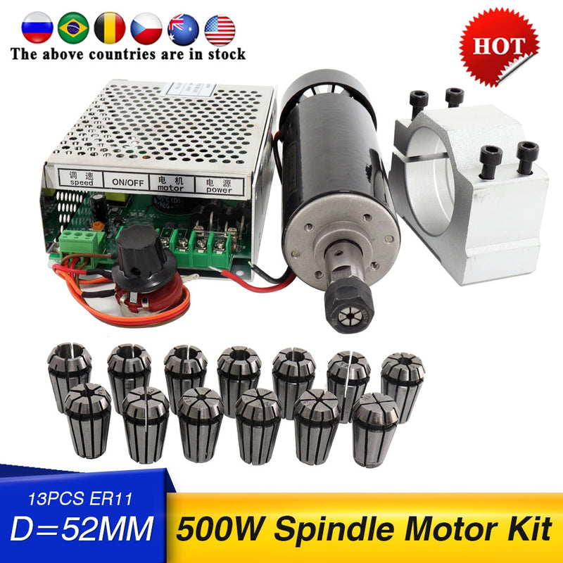 Free shipping 500w Air cooled spindle Motor +13pcs ER11 chuck + 52mm clamps + Power Supply speed governo