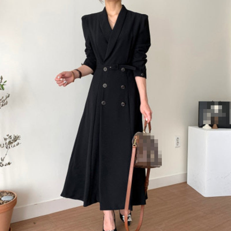 Frauen Frühling Herbst Casual A-Linie Midi Weißes Hemdkleid Langarm Elegante Dünne Taille Vestidos Weibliche Mode Schwarze Kleidung