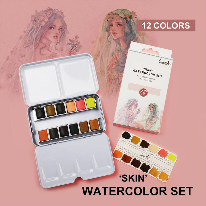 SeamiArt 12Color Tin Box Solid Watercolor Skin Water Color Paint for Cartoon &amp; Portraits Painting Drawing Art Supplies