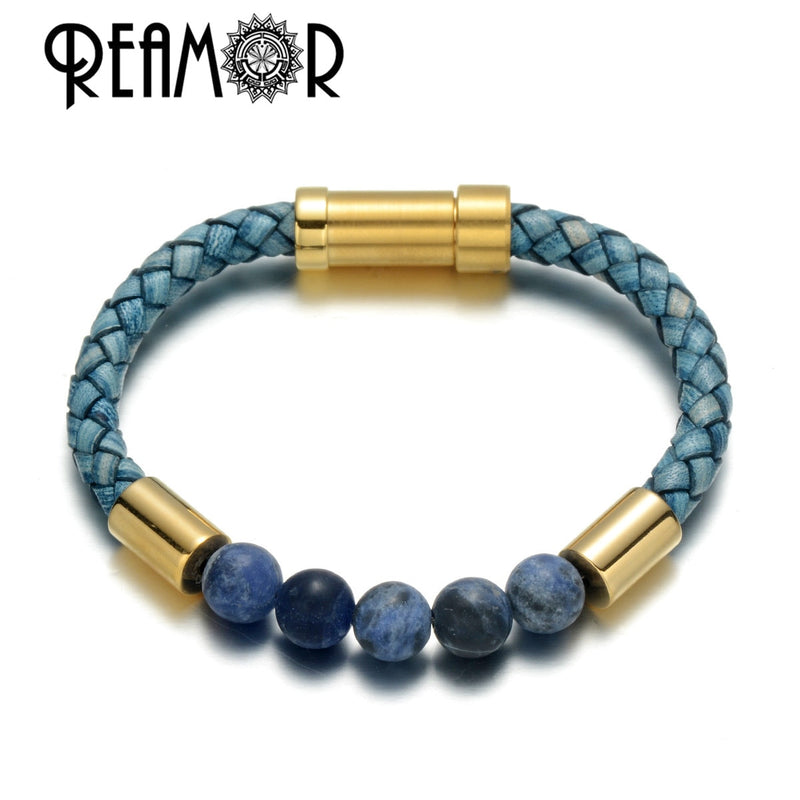 REAMOR, pulseras de cuero trenzado con piedra Natural verde y negro para hombre, Color dorado, acero inoxidable 316L, brazalete con cierre integrado, joyería