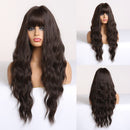 GEMMA Synthetic Long Wavy Dark Brown Golden Highlight Wig for Black Women African American Cosplay Wig with Bangs Heat Resistant