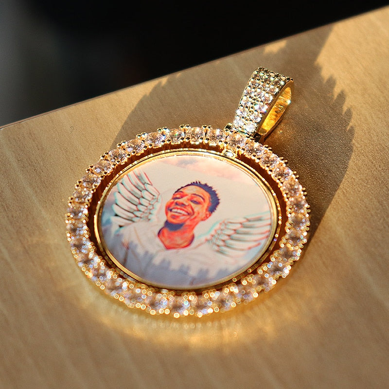 D&amp;Z Custom Made Photo Rotating double-sided Medallions Pendant Micro Paved CZ Round Pendant Collier For Men Women Accessories