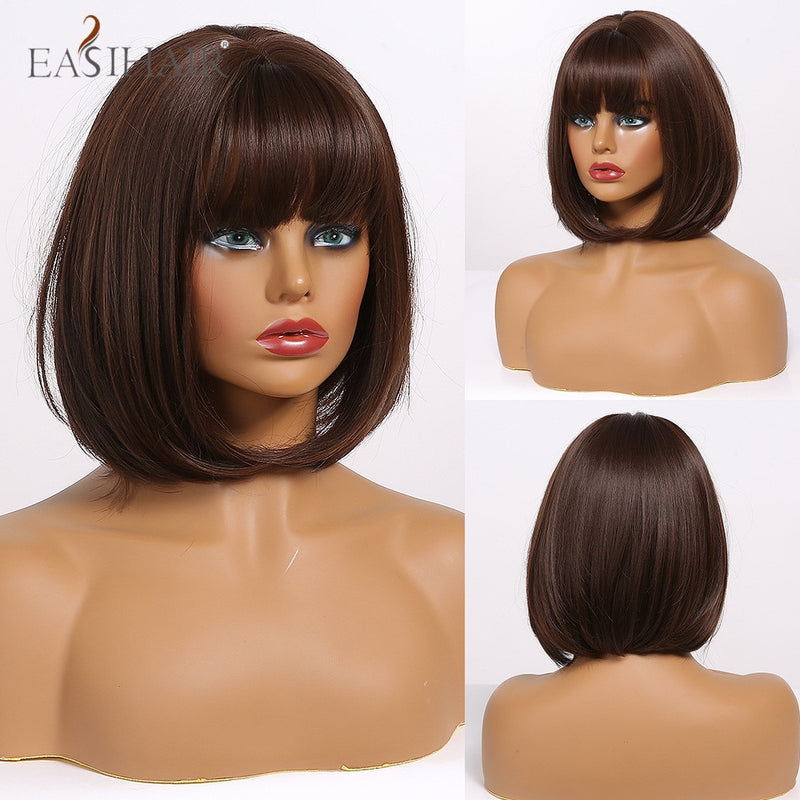 EASIHAIR Dark Brown Short BoBo Wigs with Bangs Heat Resistant Synthetic Hair Wigs Cosplay Lolita Female Wigs for Women