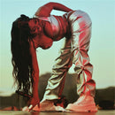 Solid Faux PU Leather Shiny Women Pants Hipster  High Street Irregular Shape Folds Clothing Elastic Waist Female Streetwear