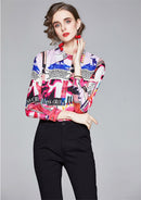 Sommer Damen Schlanke Blusen Tops Barock Print Runway Langarm Shirt Damen Kragen Elegante Vintage Büro Shirts Arbeitskleidung