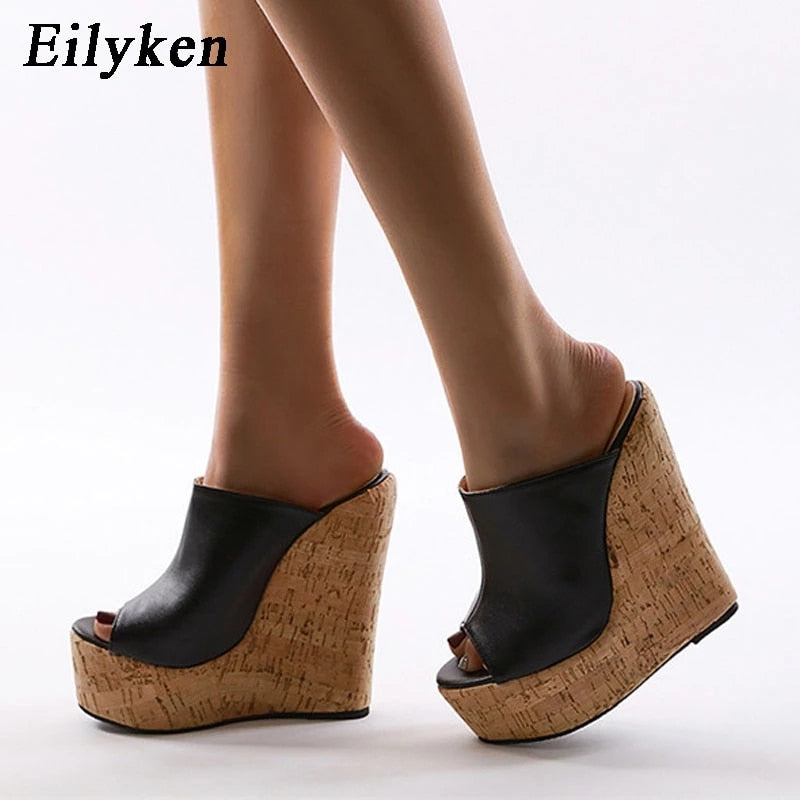 Eilyken Summer Outdoor Fashion Peep Toe Platform Slippers High Quality PU Leather Sandals Women Wedges Heels Ladies Shoes