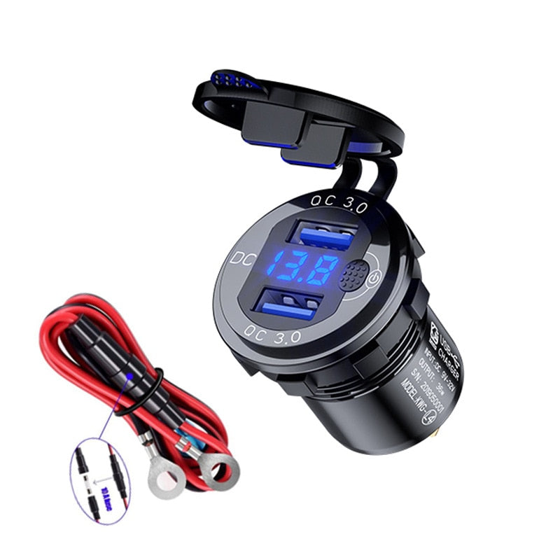 Quick Charge 3.0 36W Car Dual USB Charger QC3.0 Waterproof with Voltmeter Switch for 12V/24V Motorcycle ATV Boat Marine RV