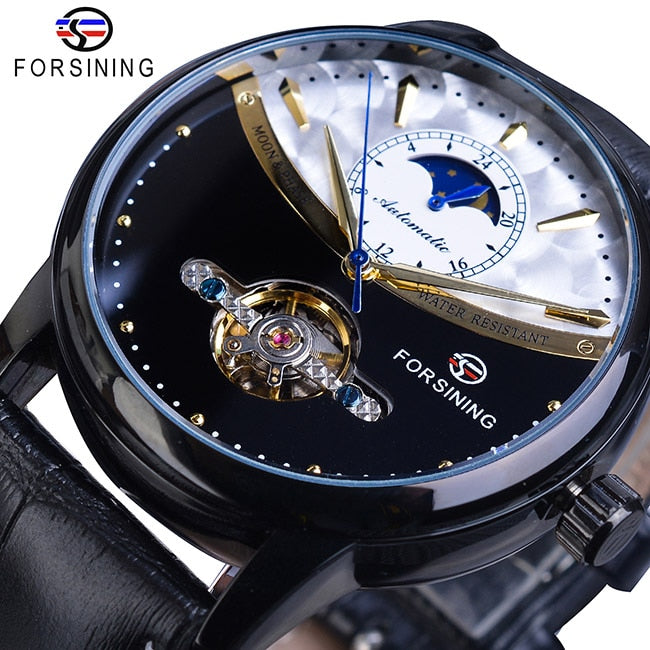 Reloj automático de fase lunar Forsining, reloj de pulsera mecánico resistente al agua dorado para hombres reales, reloj Tourbillon informal de cuero genuino