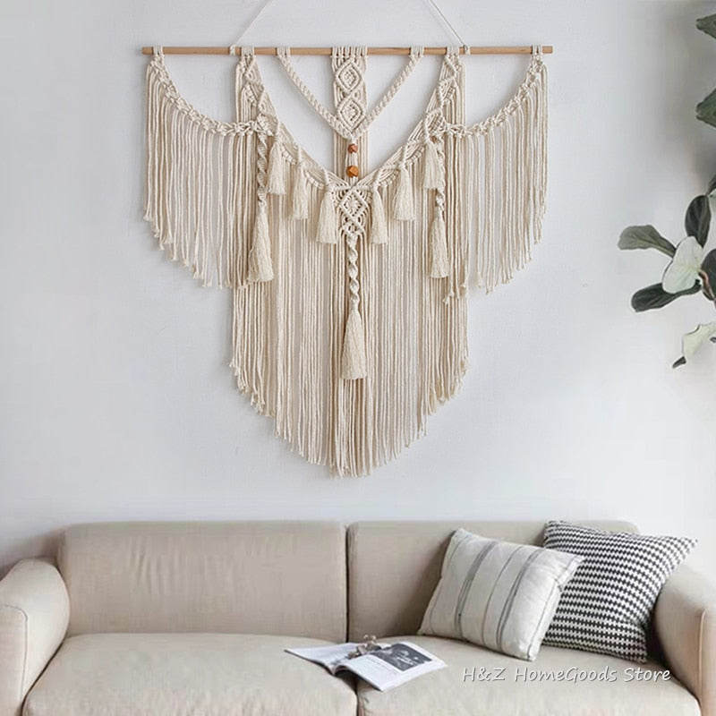 Big Macrame Wall Hanging Tapestry With Tassels Hand Woven Nordic Style For Living Room Bedroom House Art Decor Boho Decoration