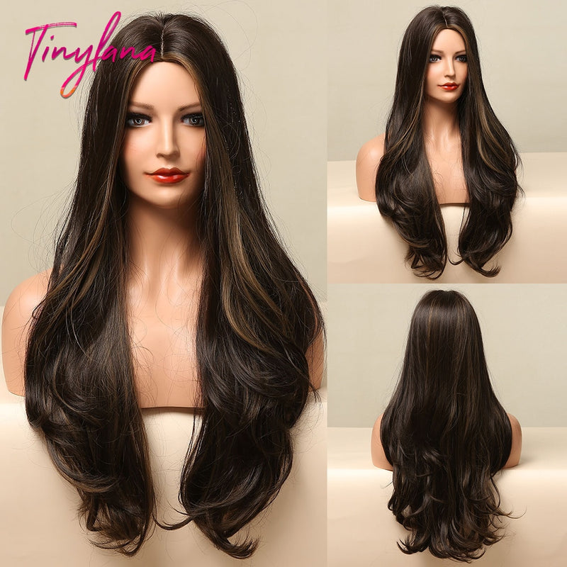 TINY LANA Synthetic Long Ombre Wavy Wigs Brown Blonde Middle Part Cosplay Wigs with Bangs For Women Long Hair Wigs Fake Hair