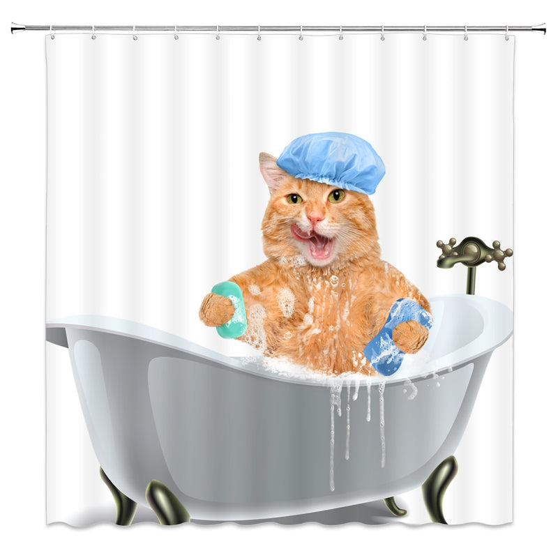 Funny Animal Shower Curtains Decoration Cute Pet Cat Home Bathroom Decor Polyester Bath Cloth Hanging Curtain Set With Hooks