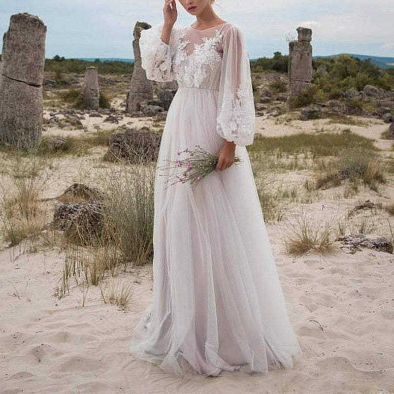 Ordifree 2021 verano mujer vestido largo de tul manga larga bordado boda vocación Sexy encaje blanco Maxi túnica vestido de playa