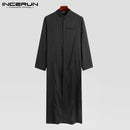 INCERUN Men Muslim Clothes Solid Color Jubba Thobe Long Sleeve Stand Collar Robes Dubai Middle East Men Islamic Arabic Kaftan