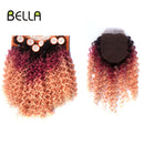 Bella Afro Kinky Curly Synthetic Hair 6 Bundles With 1Closure 7pcs/Lot Ombre Color 16-20 inch Kinky Curly Bundles Hair Extension