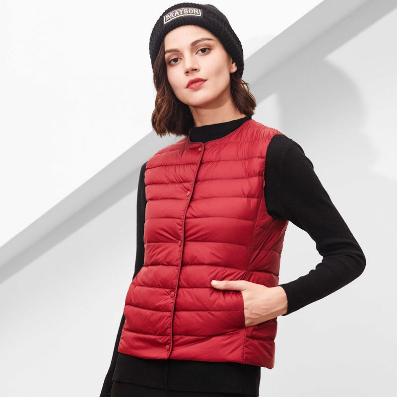 Women White Duck Down Vest Soft Ultra Light Jacket Winter Weightless Round Collar Portable Winter Sleeveless Warm Liner Button