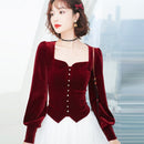2021 Spring Fall Vintage Womens Square Collar Lantern Sleeve Wine Red Black Velvet Top Blouse , Woman Velour Tops and Blouses