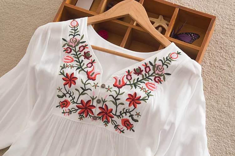 Blusa campesina Floral bordada mexicana de verano para mujer, Túnica étnica Vintage, ropa Hippie Bohemia, Tops, Blusa femenina