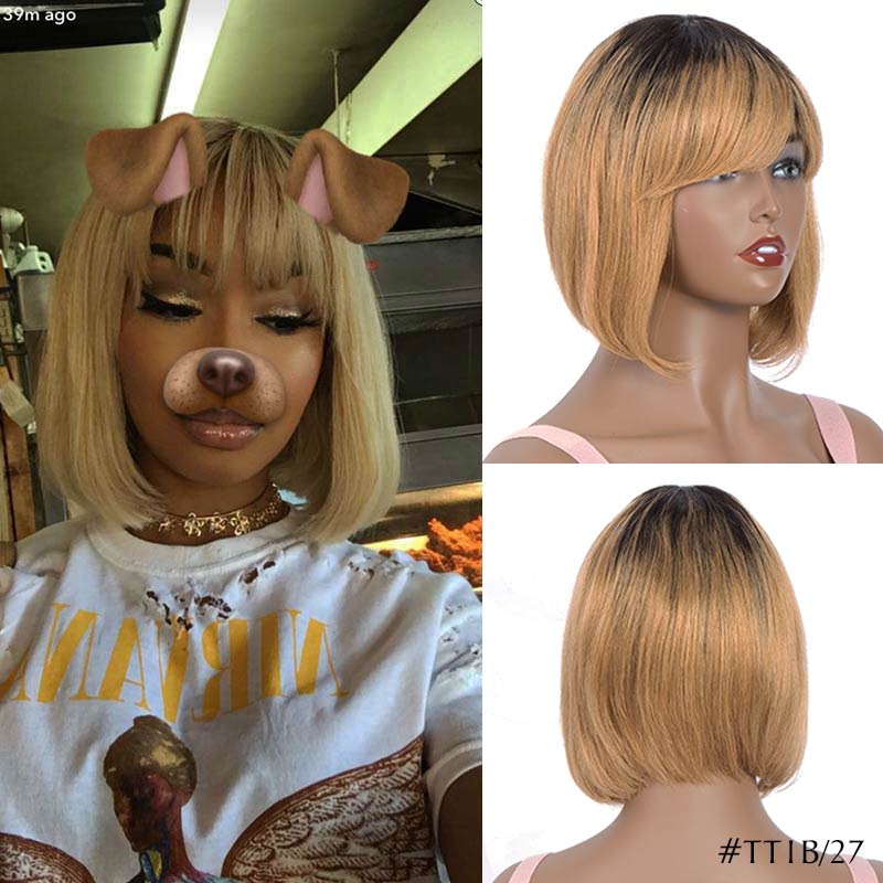 Short Bob Wig With Bangs Straight Brazilian Remy Hair Wigs For Women Human Hair Glueless Full Machine Made Cheap Human Hair Wigs