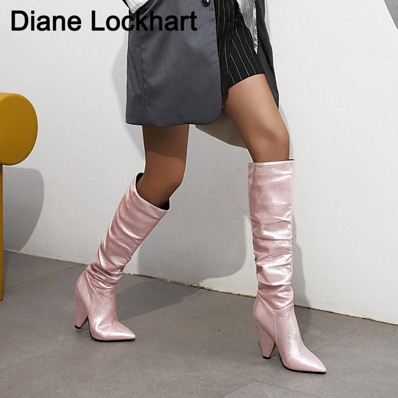 Winter Sequined Cloth Pleated Boots For Women Pointed Toe Thick Heels Botas Woman Bling Party Shoes Pink Knee High Boots Femal