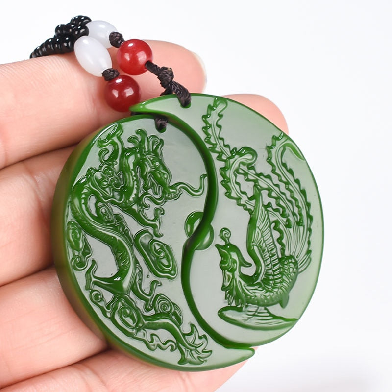 Chinese  Green Jade Dragon Phoenix Jade Pendant Jewelry Lucky Auspicious Amulet Jade Necklace Pendants Jade Fine Jewelry