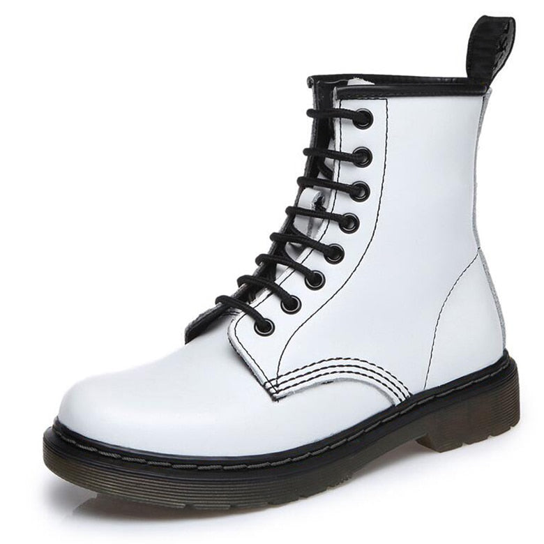 Botas de cuero genuino para Mujer, botines blancos, Botas de moto para Mujer, zapatos de Otoño Invierno para Mujer, Botas Punk para Mujer, primavera 2021