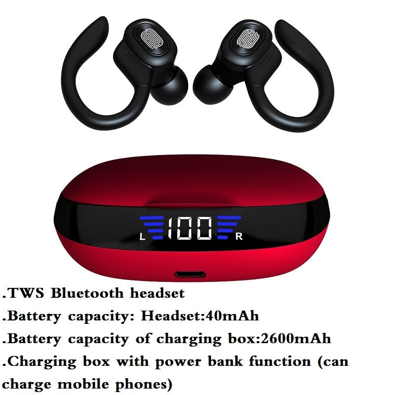 TWS Bluetooth Earphones With Microphones Sport Ear Hook LED Display Wireless Headphones HiFi Stereo Earbuds Waterproof Headsets